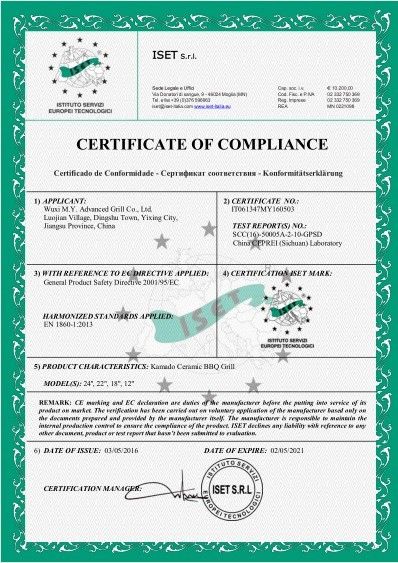 China WUXI  M.Y. ADVANCED GRILL CO., LTD. Certificações
